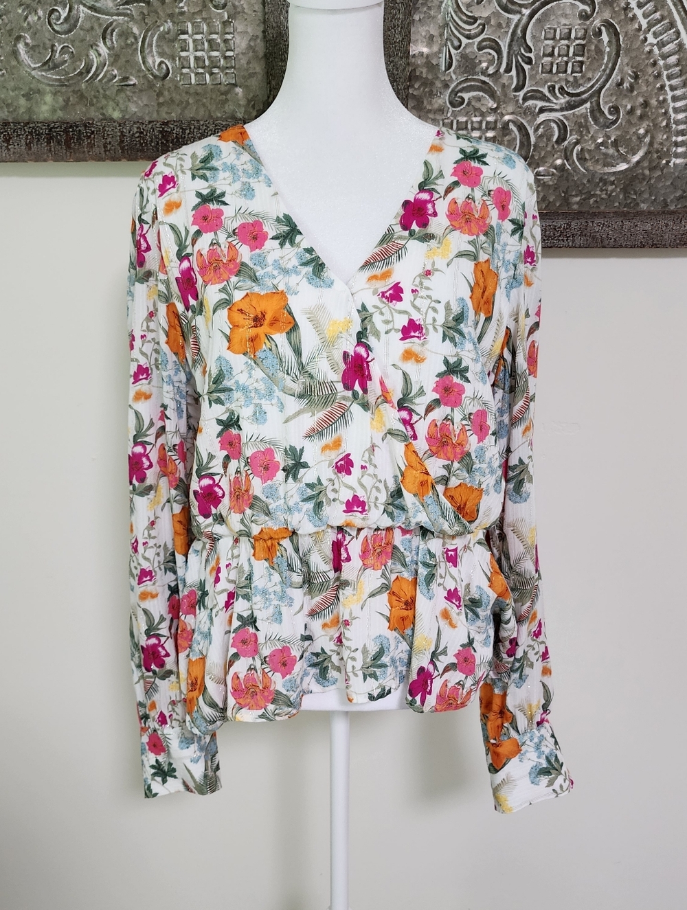Koko + Mason Floral Surplice Peplum Long Sleeve  Blouse XL Tropical Vacation